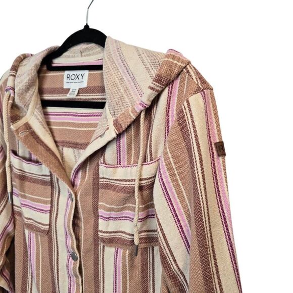 Roxy Sunlight Rider Hooded Shirt Jacket Women's XS Brown Pink Stripe Beach Boho - Picture 2 of 7